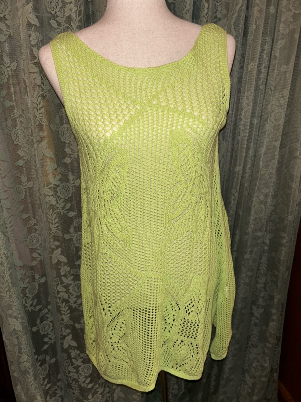 Kiwi Lime Colored Crochet Swim Cover-Up Mini Dress 100% cotton